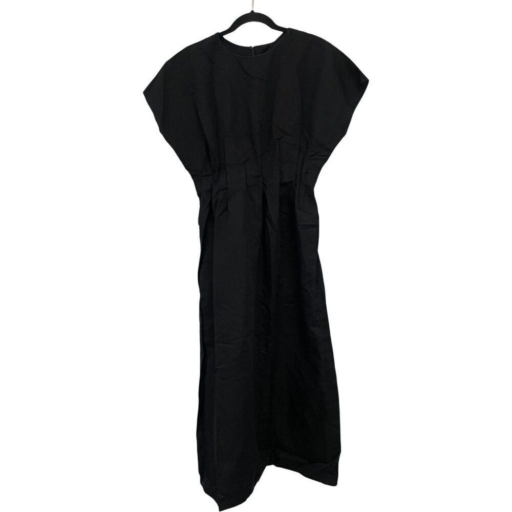 Zara Womens Midi Dress M Medium Black Pleated Linen Short Sleeve 4333/041 NWT - Picture 2 of 13